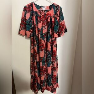 GO SOFTLY Classic Floral Print‎ Midi Summer Patio Dress Mumu Pink Green Wms Sz M
